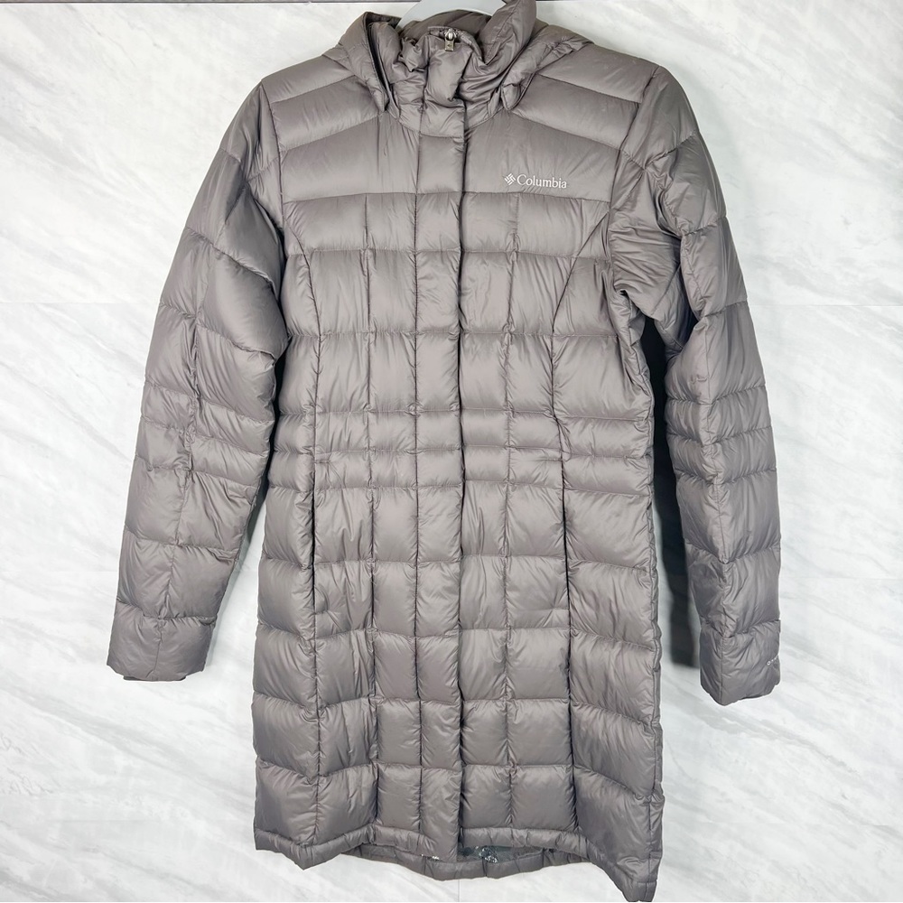Columbia Grey Down 600 Long Hooded Jacket Puffer Jacket XS